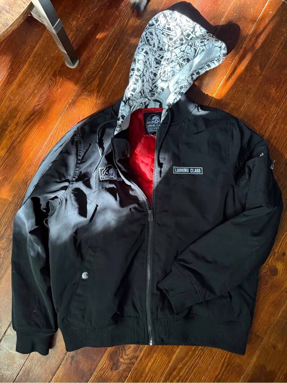 Lurking Class Black Hooded Bomber Jacket with Graphic Lining